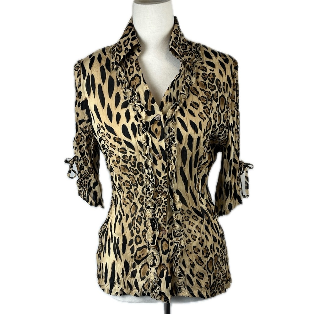 Vtg Y2K Leopard Crinkle Button Up Top Sz M Lace up Sleeve Mob Wife Office Siren